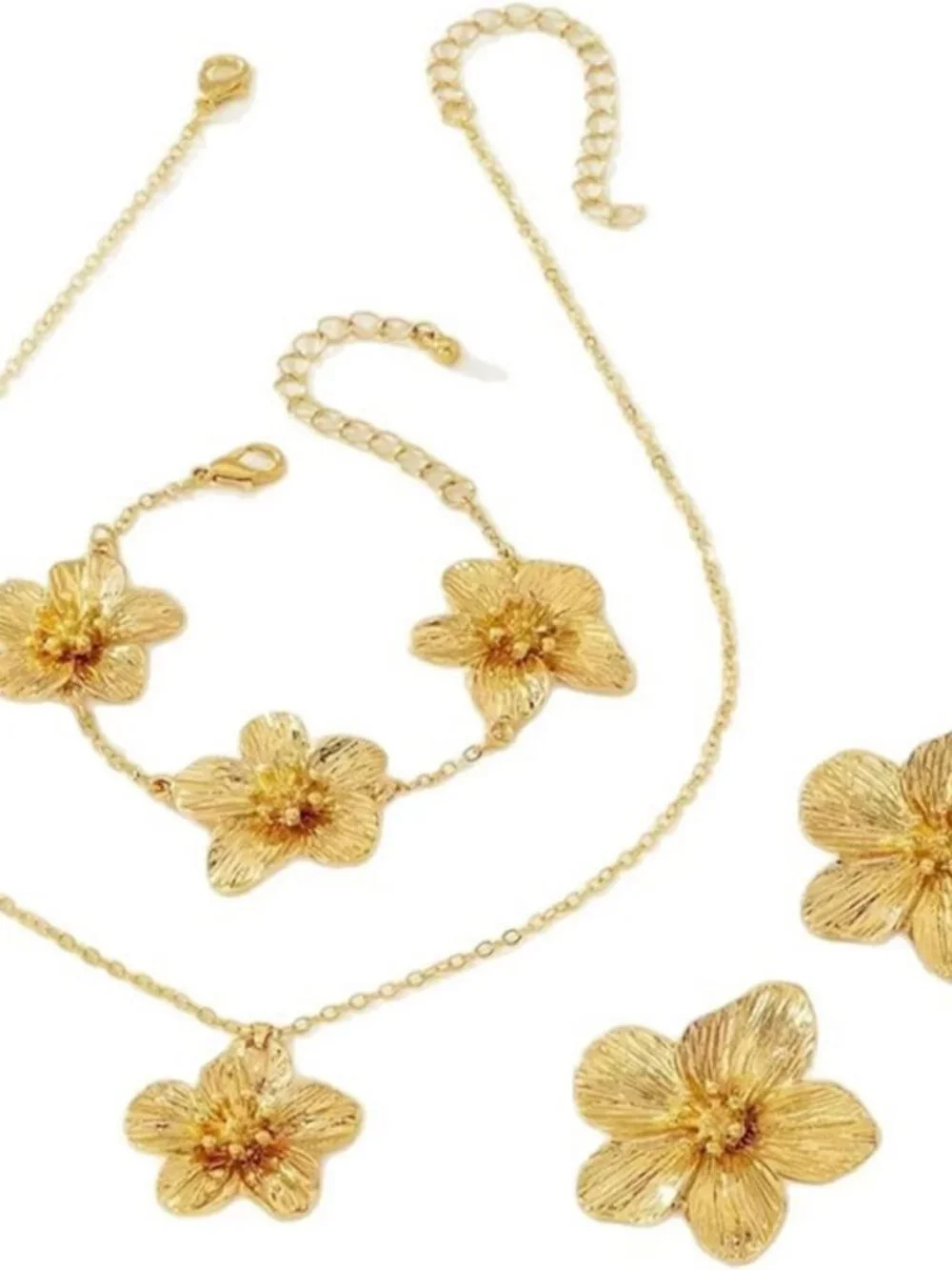 Gold Flower Necklace Bracelet Earrings Set for Women Boho Statement Chunky Big D